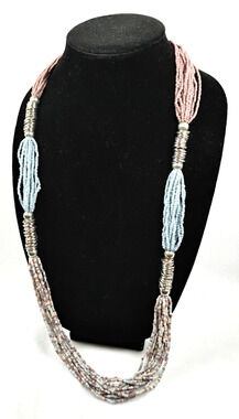 12 Strand Bead Necklace Opera Length Adjustable Taupe Blue Metal India Boho